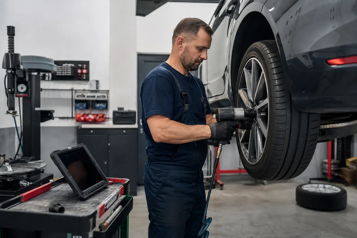Mechanik při výměně pneumatiky v pneuservisu